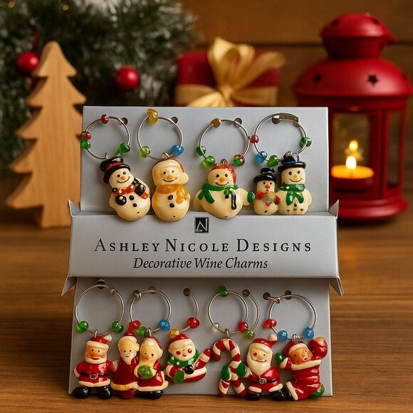 Ashley Nicole Designs Christmas Wine Charms Set Of 8 With Holiday Theme - Picture 1 of 4